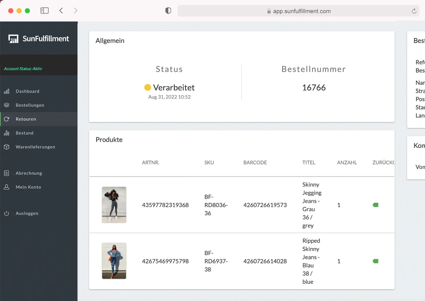 SunFulfillmentStore Dashboard Retouren